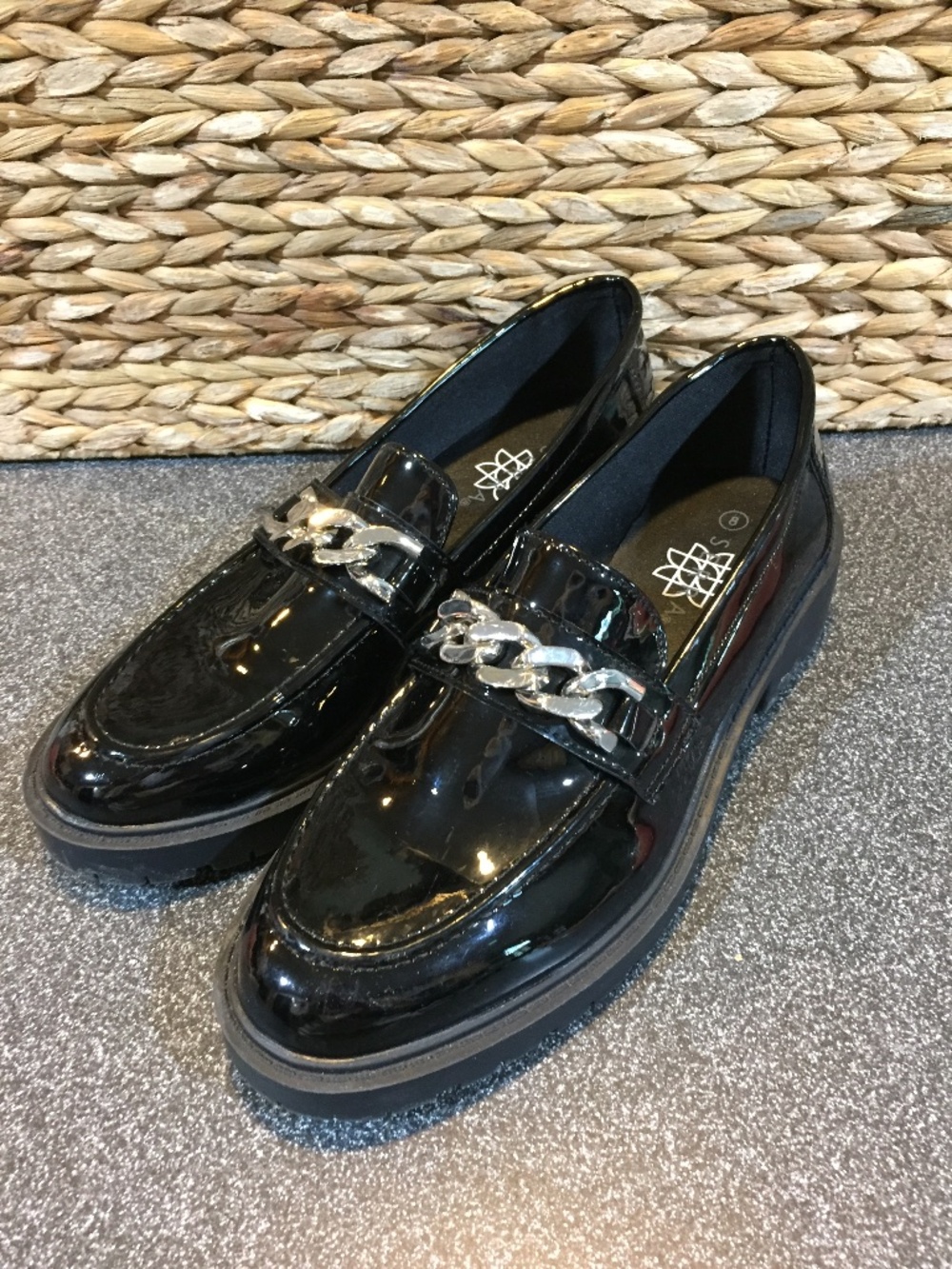 Serra Black Patent Loafers with Silver Chain